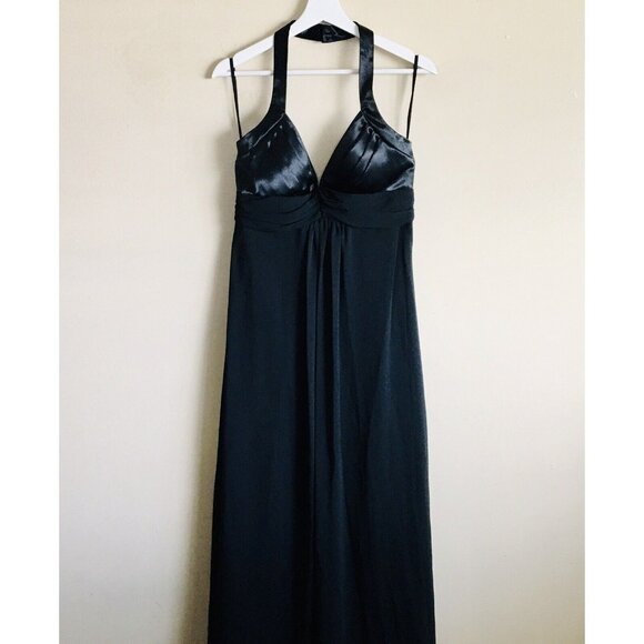 Vintage Lenovia 1990s Black Satin Chiffon Empire Waist Halter Dress Size‎ M - Picture 1 of 10